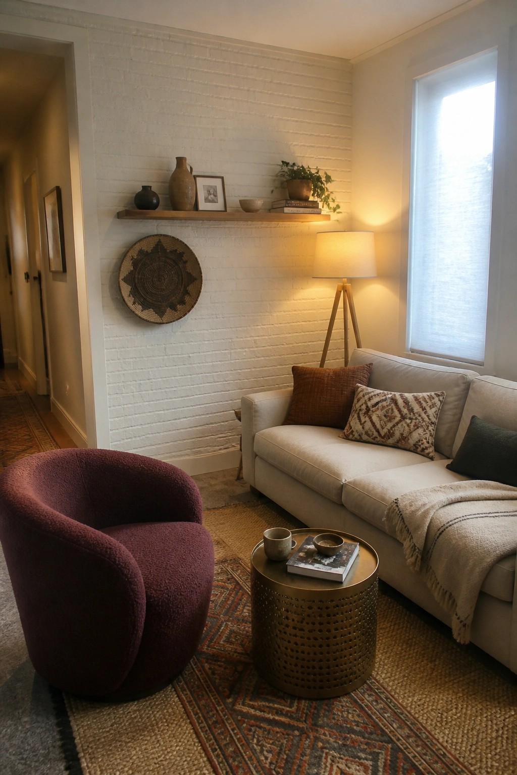A living room scene showing a light sofa, round metal coffee table, and deep purple accent chair arranged in front of a white brick wall.