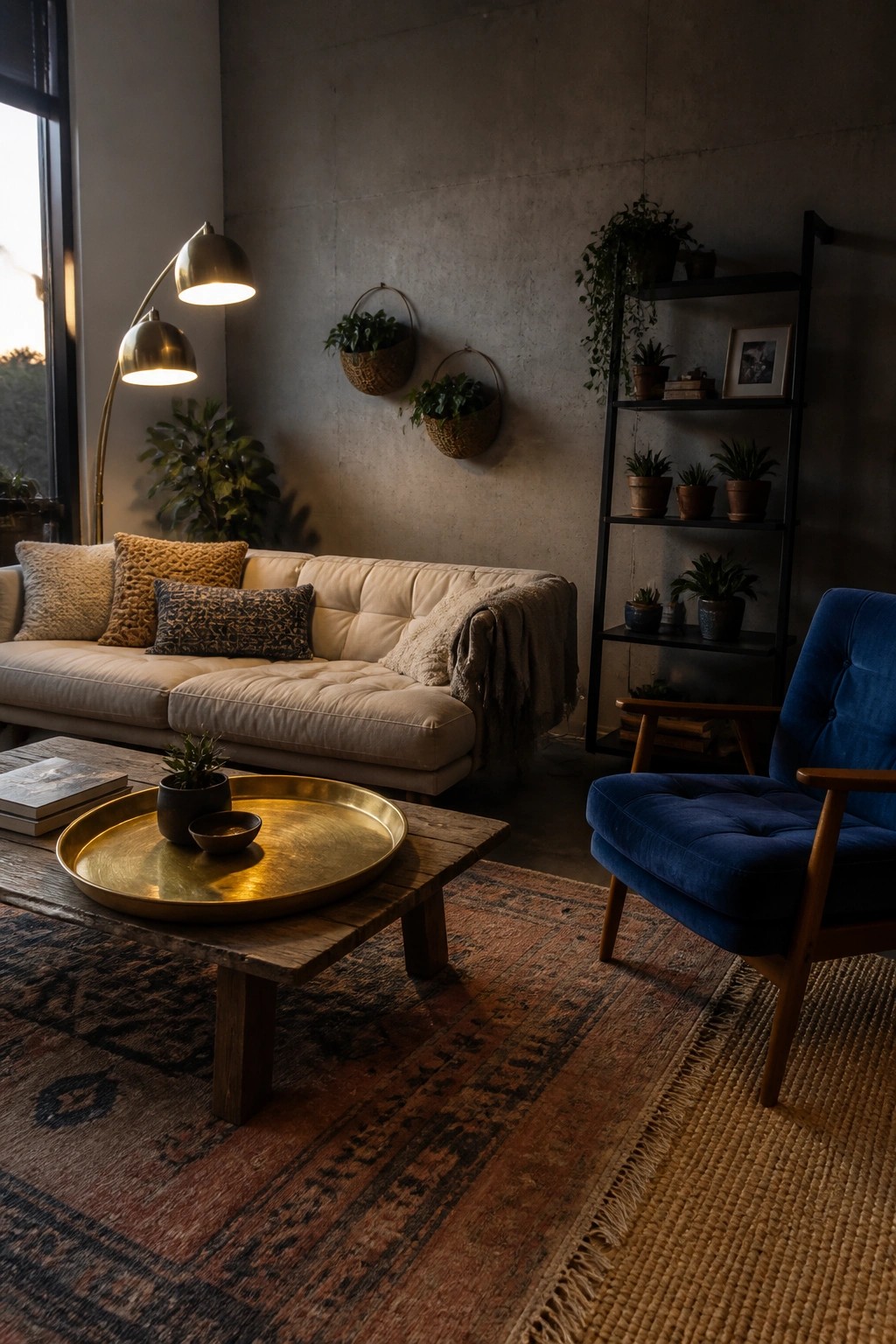 A modern living room featuring a beige tufted sofa, wooden coffee table with brass tray, blue velvet accent chair, patterned rug, and black metal shelving unit against a concrete wall.
