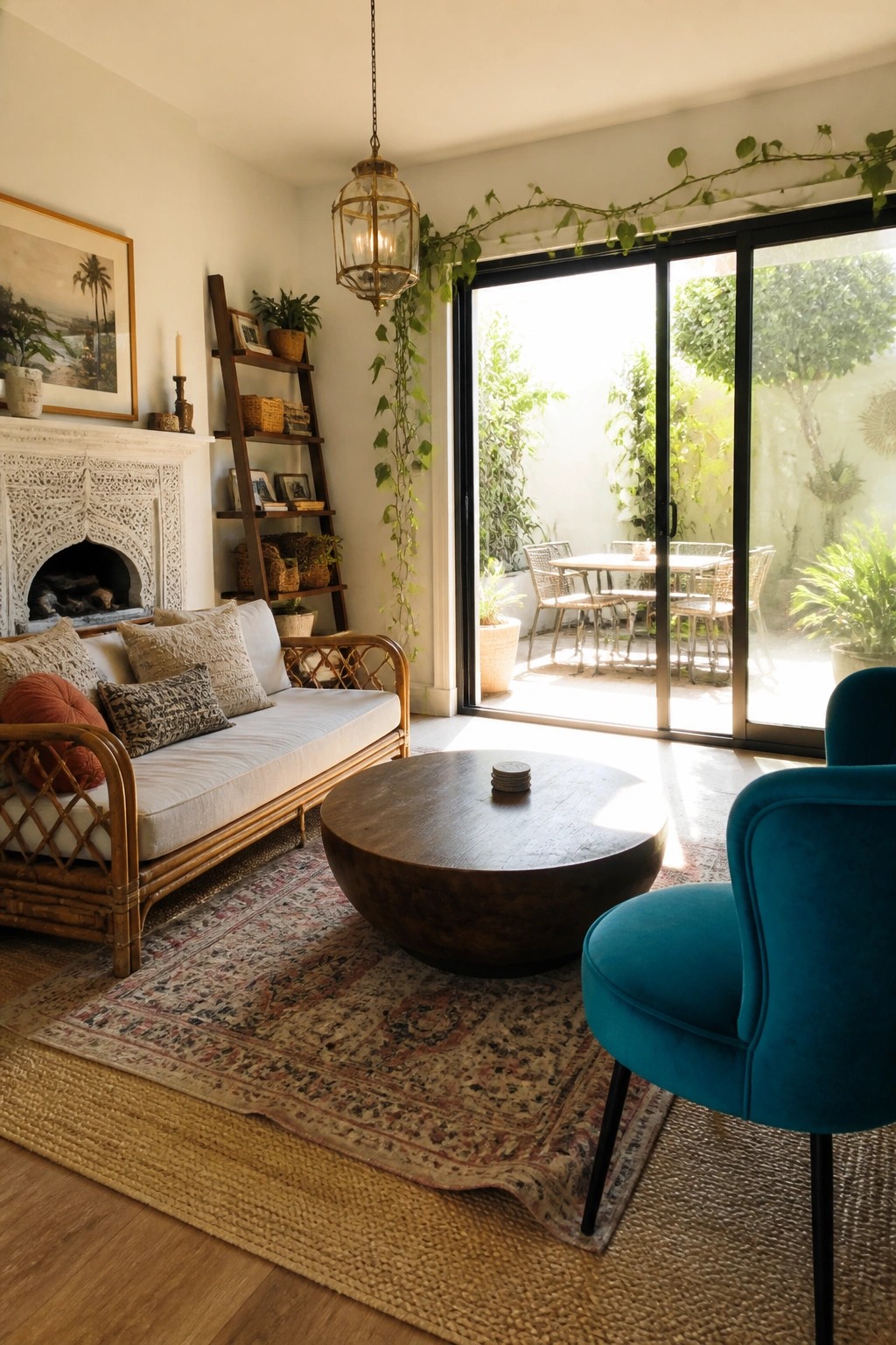 Bright living room with rattan sofa, teal armchair, round coffee table, and patio doors