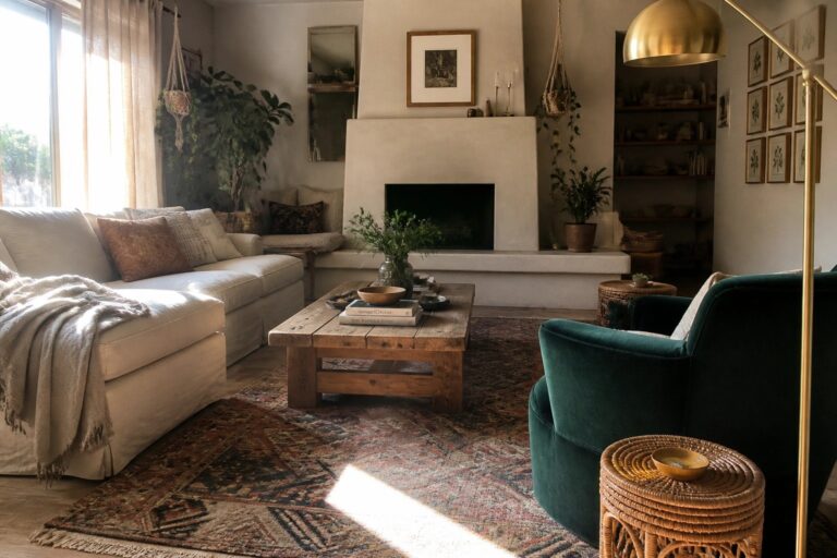 25 Colorful Modern Boho Living Room Ideas Featuring Jewel-Tone Accent Chairs Cozy boho living room with beige sofa, wooden table, green chair, and fireplace.