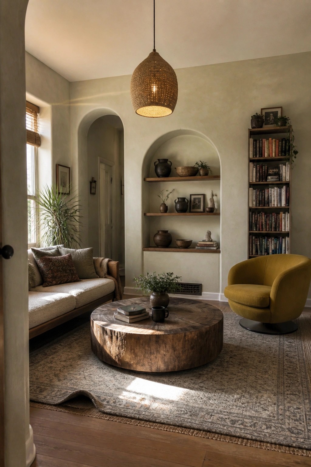 A living room featuring a mustard yellow upholstered swivel chair beside a large round wooden coffee table on a patterned rug, with built-in arched shelving and a neutral sofa.