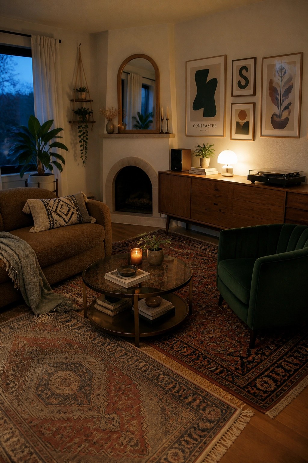 A living room featuring a green velvet armchair beside a brown sofa, round coffee table, patterned rugs, and wooden console with wall art.