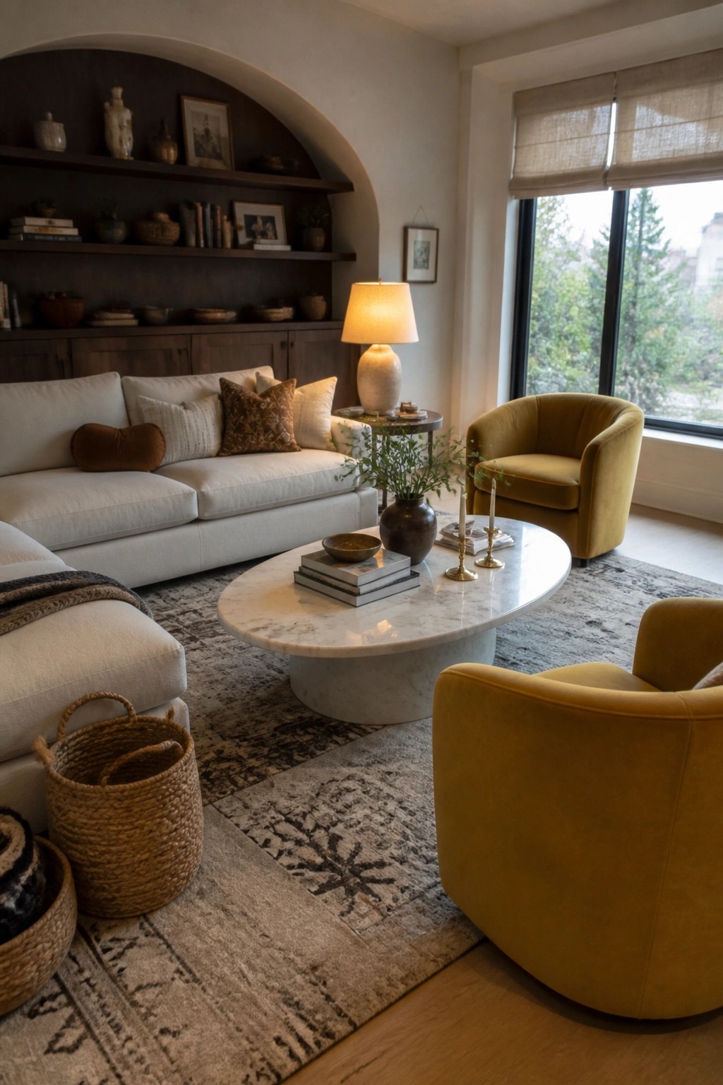 A living room with a light sofa, two mustard yellow armchairs, a round marble coffee table, and built-in dark wood shelves.