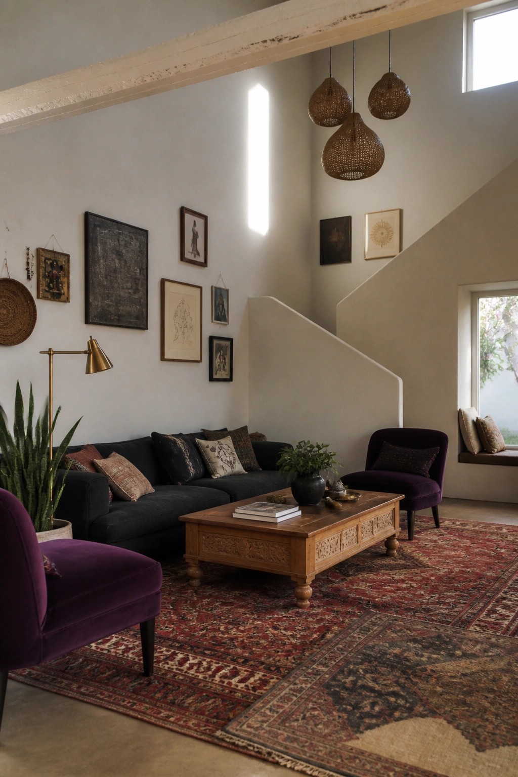 A living room featuring a dark sofa, carved wood coffee table, two purple velvet armchairs, layered patterned rugs, and assorted wall art on a light wall.