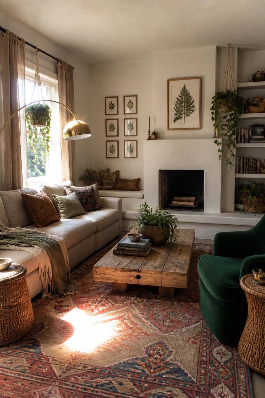 Cozy boho living room with beige sofa, wooden table, green chair, and fireplace.