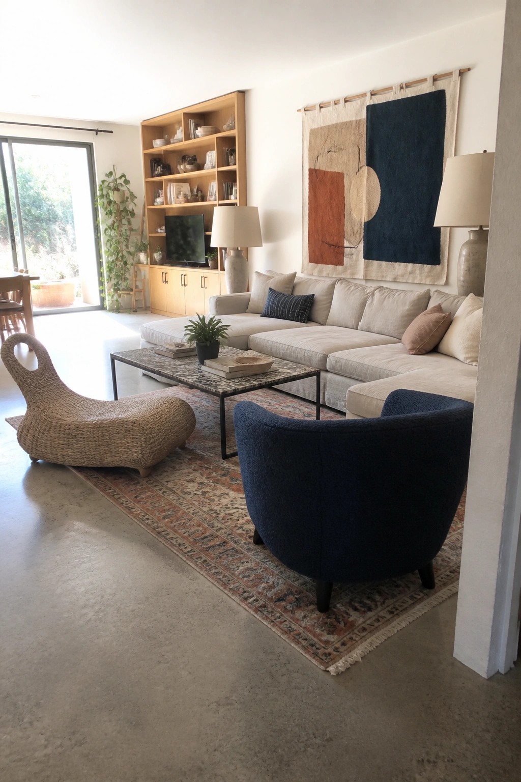 Bright living room with beige sectional sofa, blue armchair, woven chaise, and patterned rug