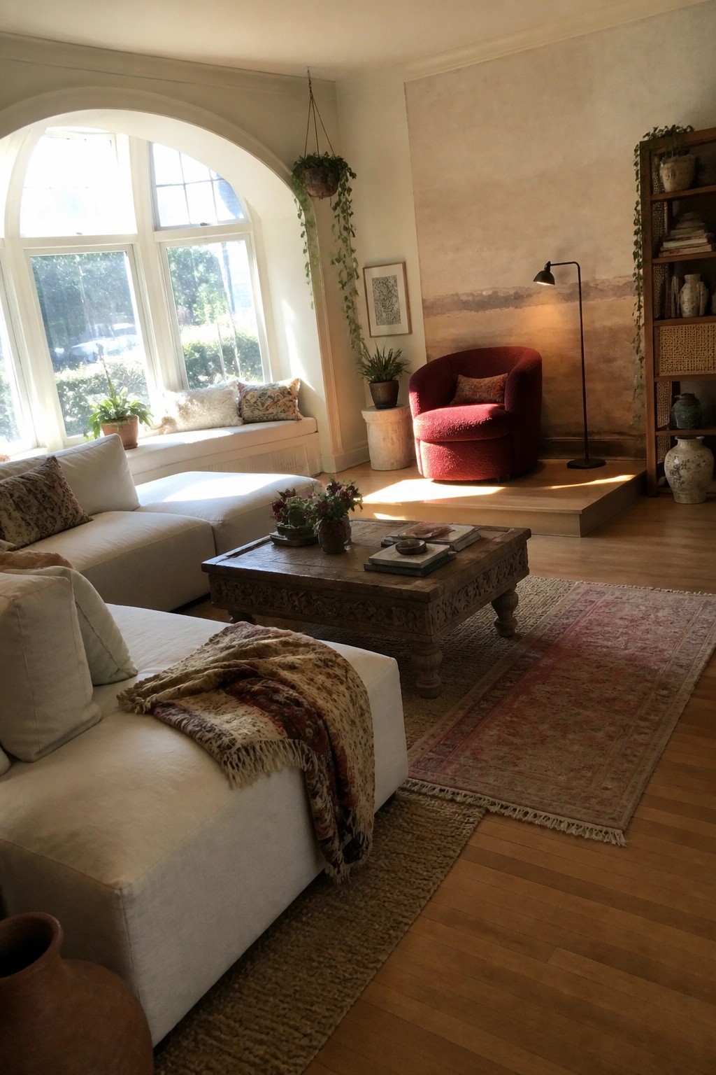 A living room featuring a white sectional sofa, carved wood coffee table on layered rugs, red upholstered armchair on a raised platform, arched windows, and a tall wooden bookshelf.