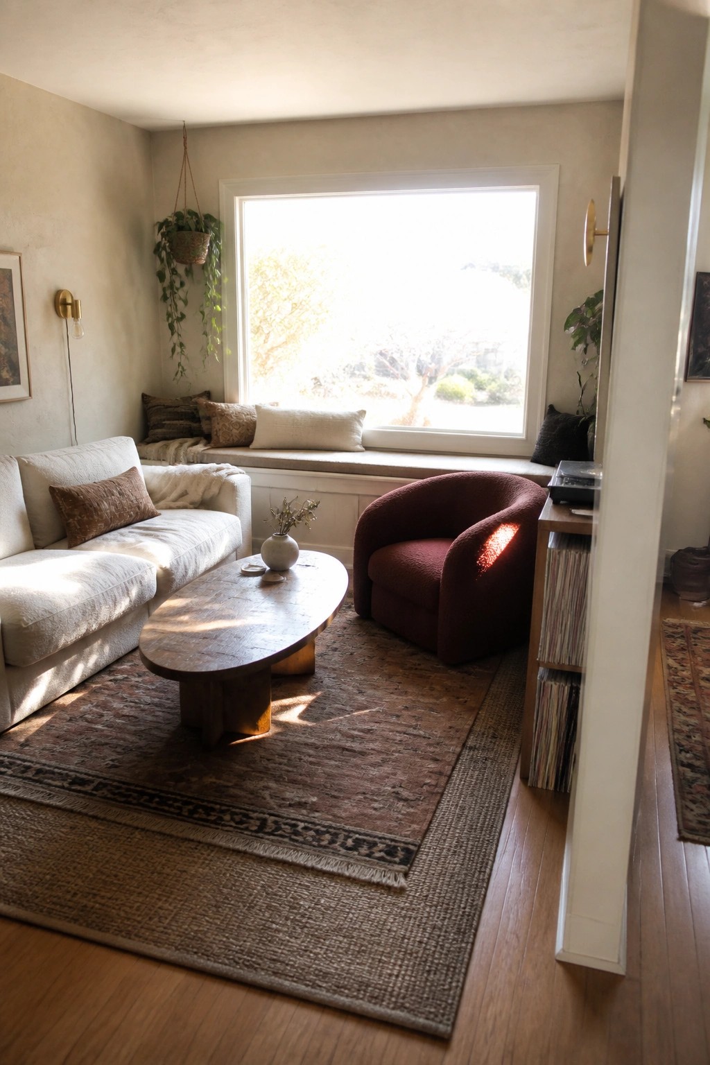 A living room with a white sofa, oval wood coffee table, and a deep red upholstered accent chair on a patterned rug, positioned near a large window with a window seat.
