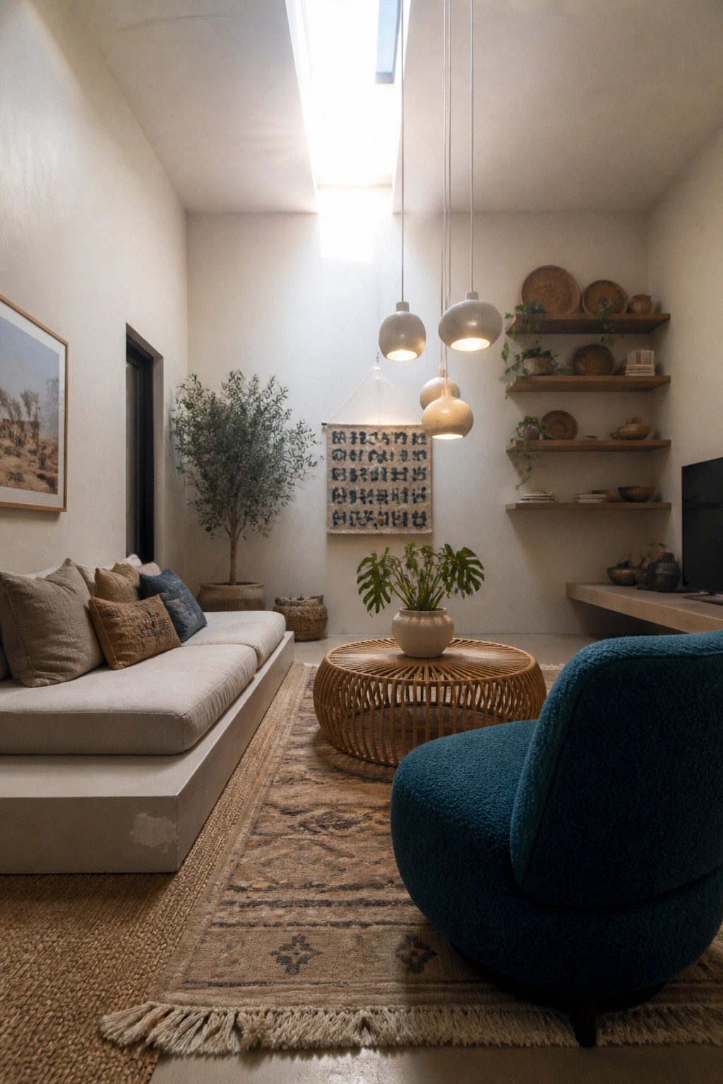 Sunlit living room with beige sofa, blue armchair, rattan table, hanging lights, and plants