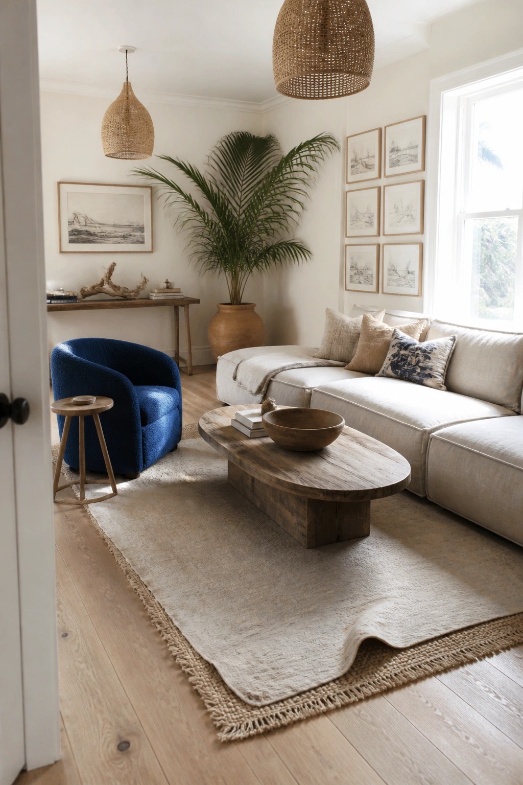 A living room featuring a blue bouclé accent chair, a light neutral sectional sofa, a wooden coffee table, and woven pendant lights.
