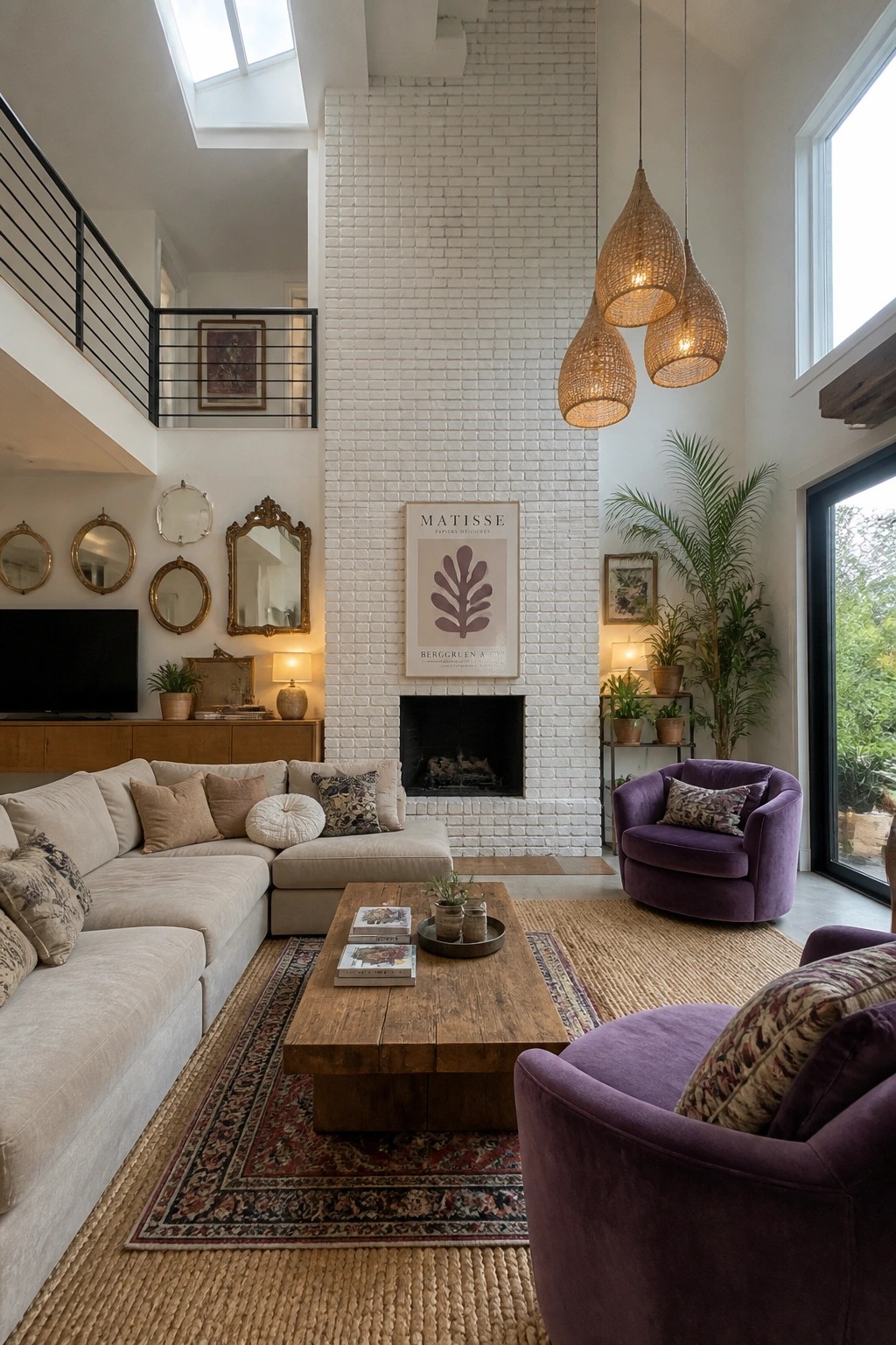 A bright living room with a white brick fireplace, beige sectional sofa, two purple velvet armchairs, a wooden coffee table, and woven pendant lights hanging from the ceiling.