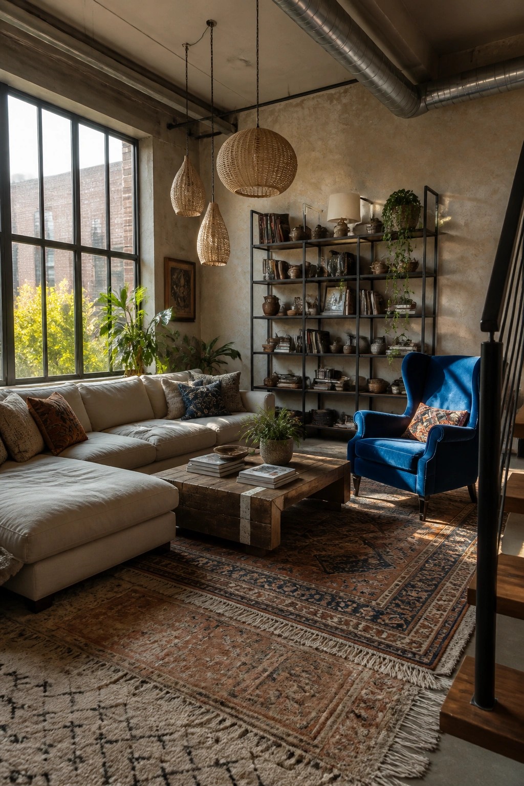 Modern industrial living room with beige sectional, blue armchair, and patterned rugs