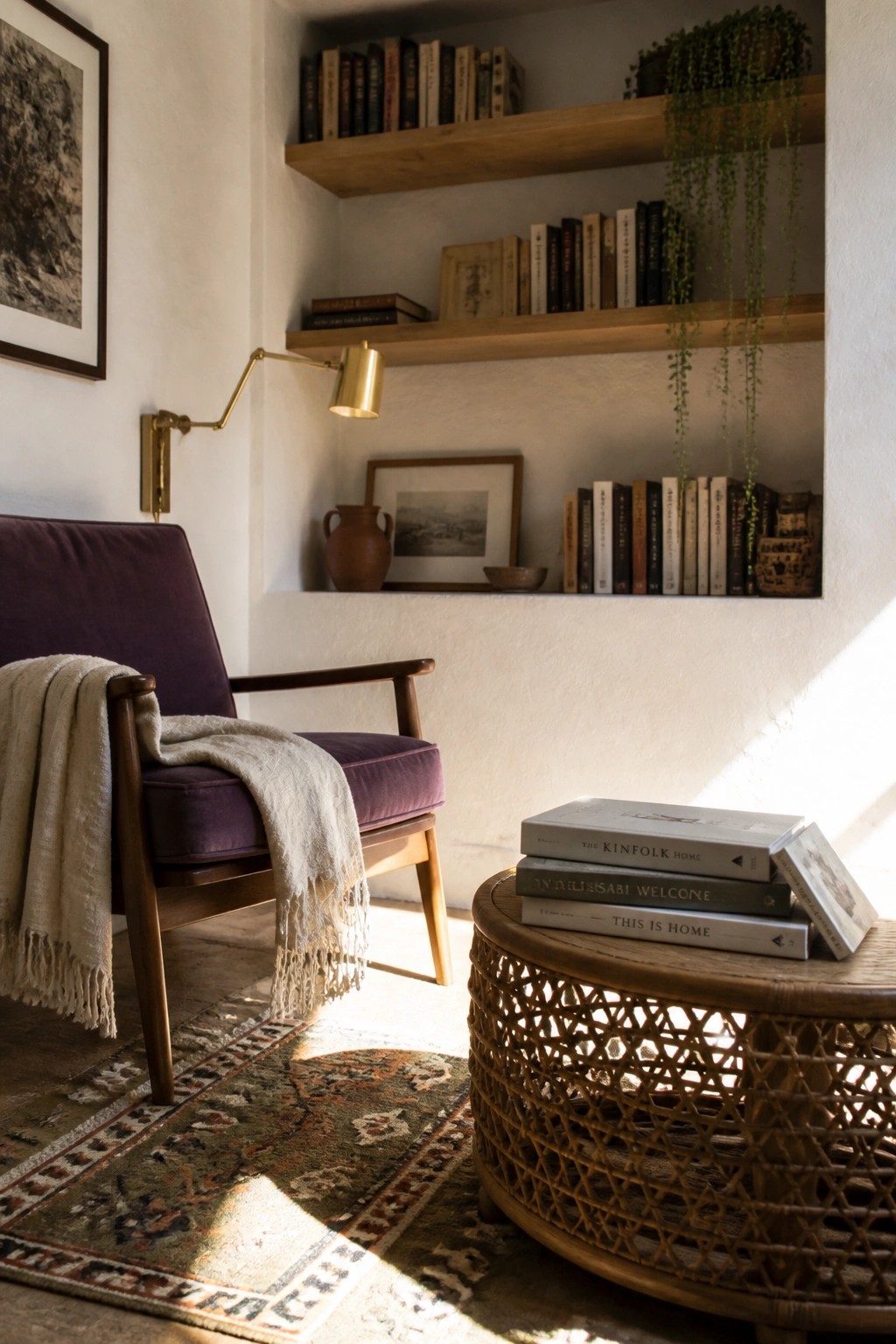 A purple velvet armchair with a fringed throw sits on a patterned rug beside wooden bookshelves and a round woven coffee table.