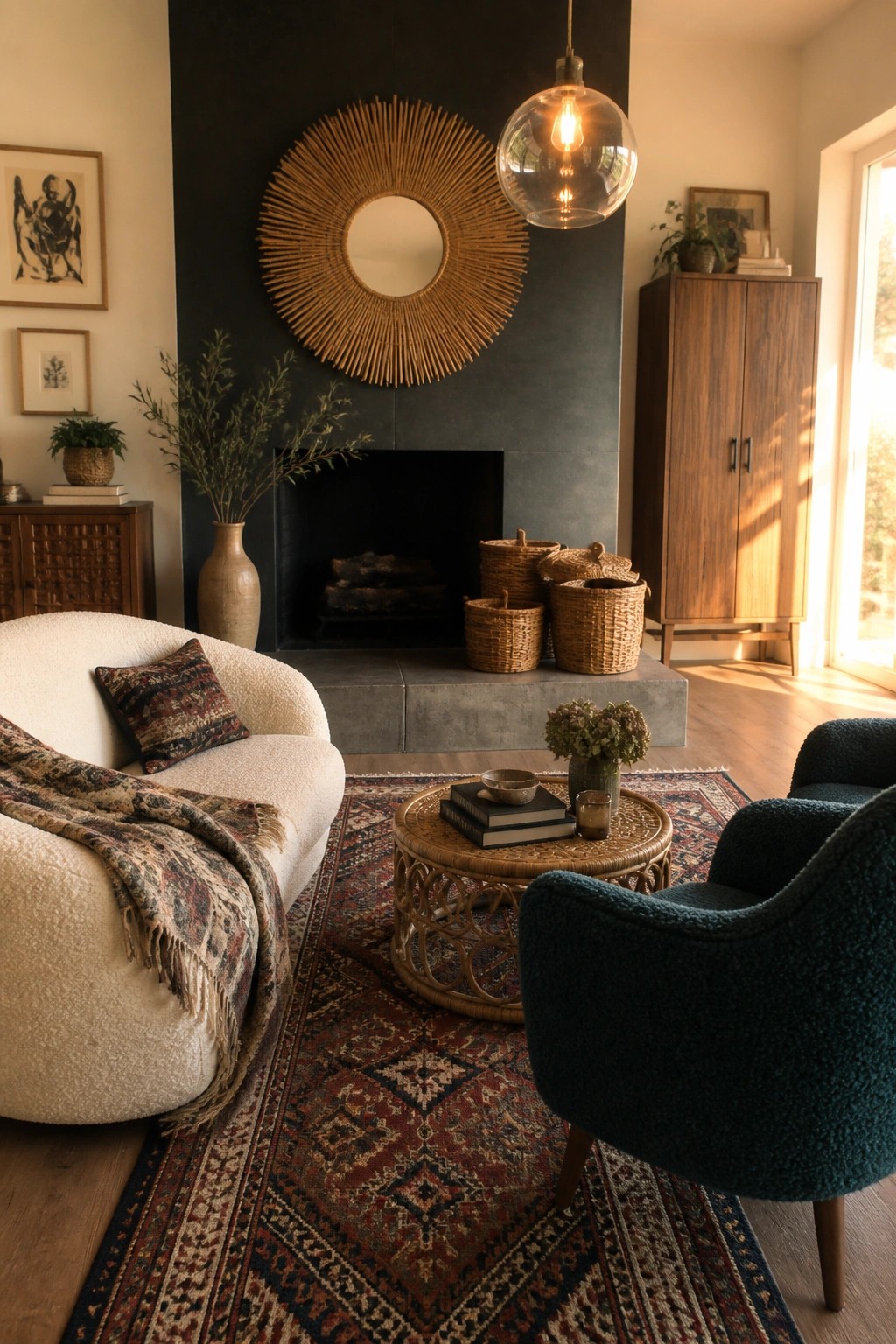 A living room with a white boucle sofa, a teal accent chair, a round rattan coffee table on a red patterned rug, and a dark fireplace wall with a large sunburst mirror.