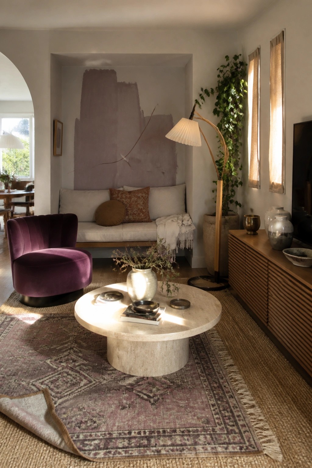 A modern living room featuring a purple velvet swivel chair beside a built-in sofa with neutral cushions, a round stone coffee table on a patterned rug, and an abstract purple wall mural.