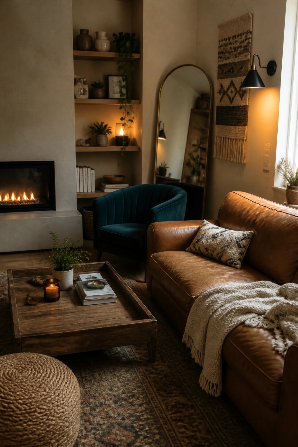 A living room featuring a teal velvet accent chair beside a brown leather sofa, with built-in wooden shelves and a fireplace.