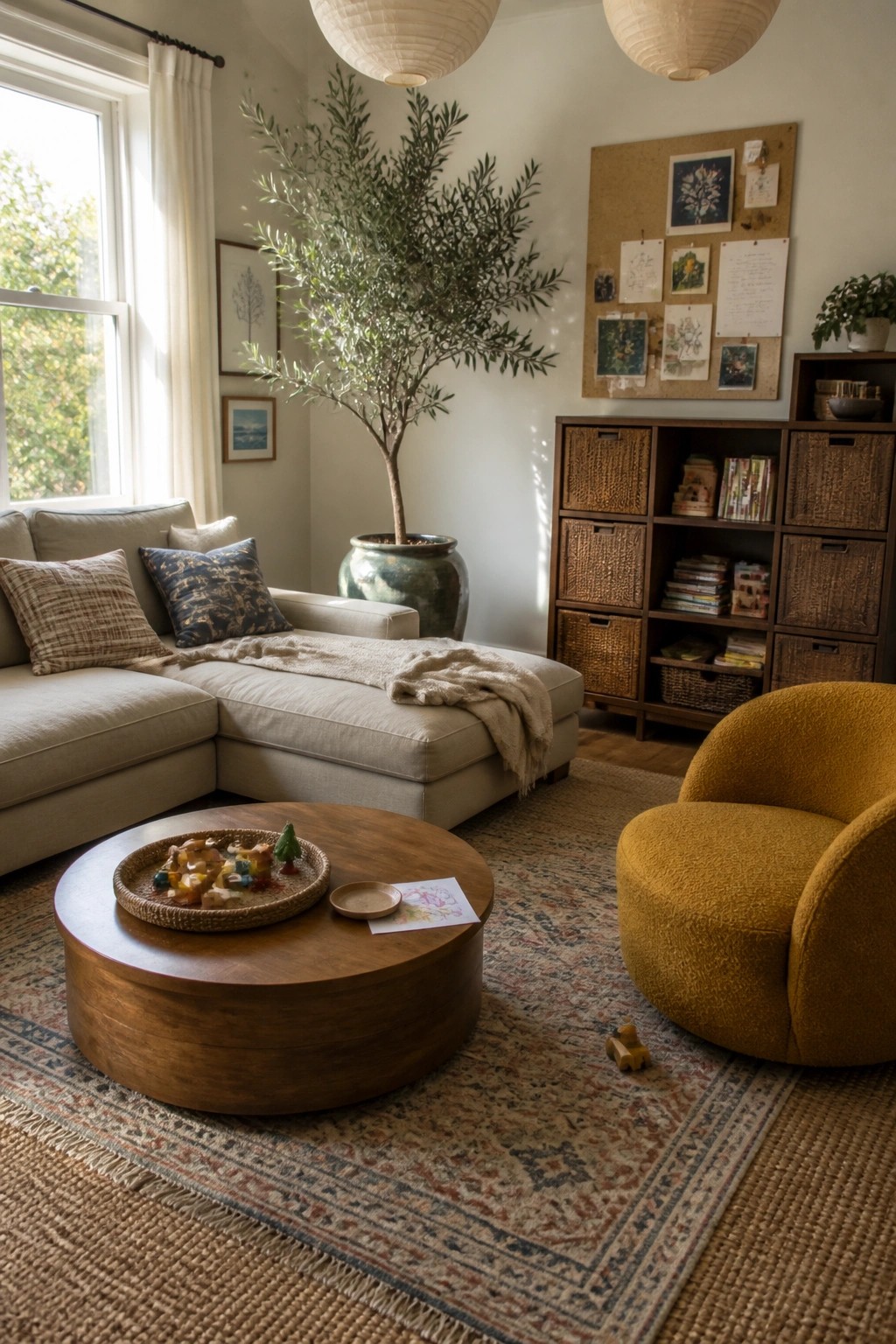 A living room featuring a neutral L-shaped sectional, round wooden coffee table, and bright yellow accent chair on a patterned area rug.