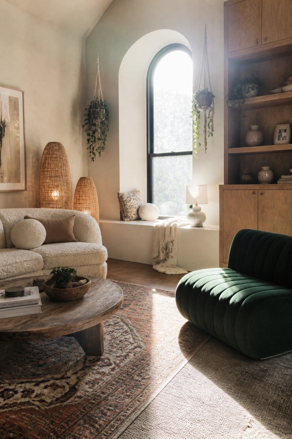 Cozy living room with arched window, white bouclé sofa, green velvet chaise, and wooden table.