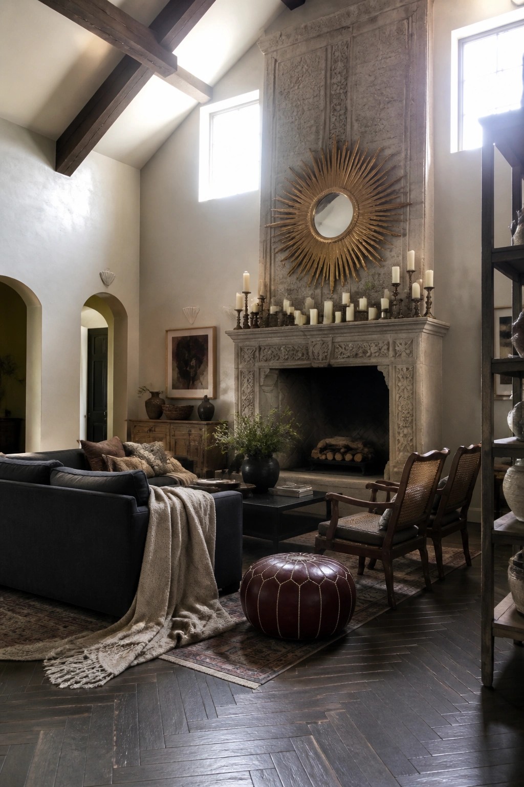 Luxurious living room with ornate stone fireplace, sunburst mirror, navy sofa, and red pouf.