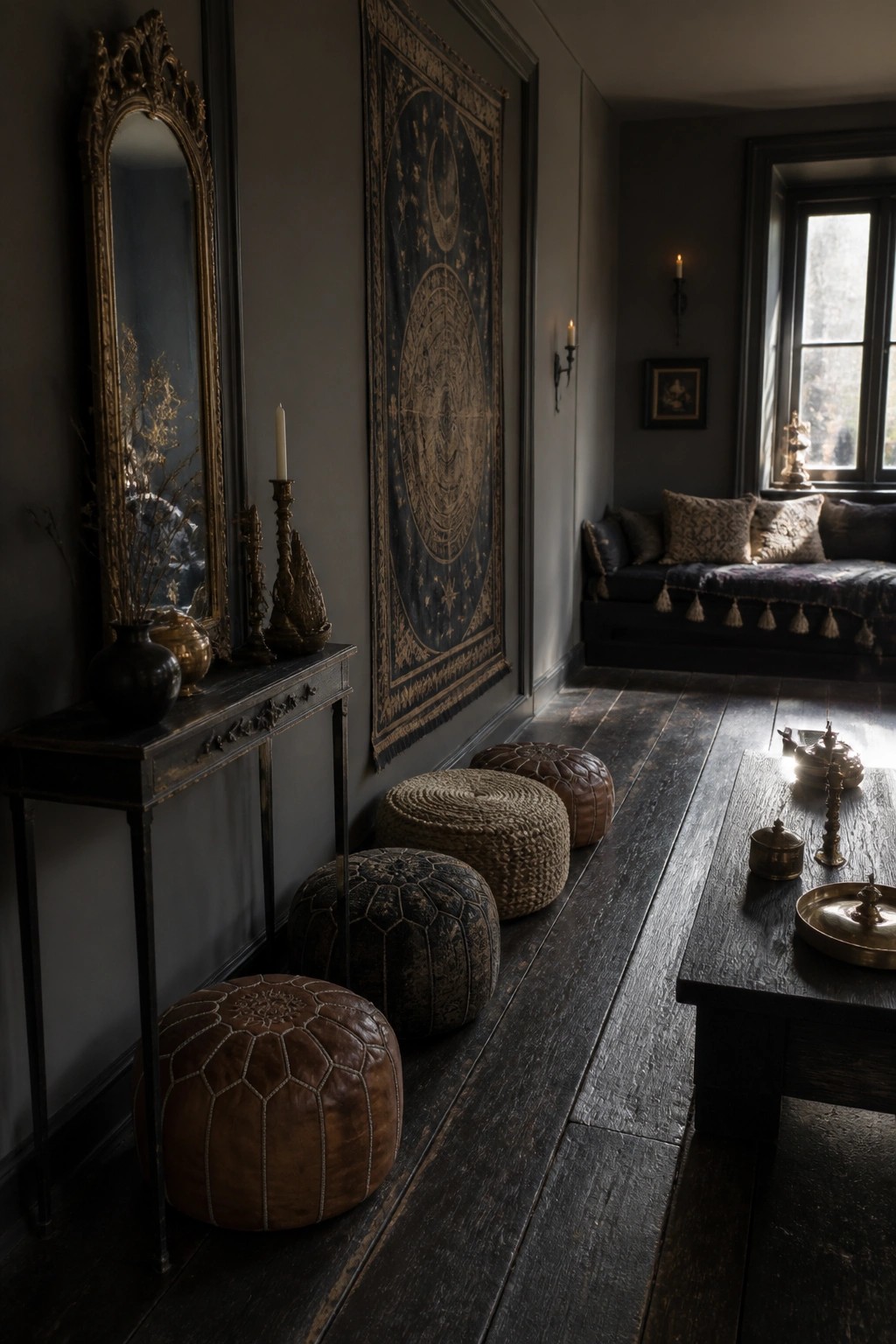 Dark room with celestial tapestry, gold mirror, leather poufs, and dark wood furniture.