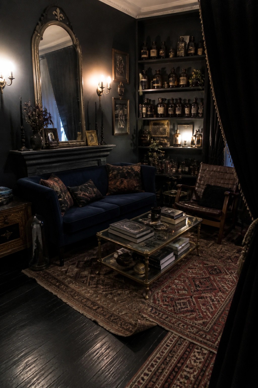 A dark living room with a large ornate mirror above a mantel, blue velvet sofa, coffee table with books, and built-in shelves holding glass bottles.