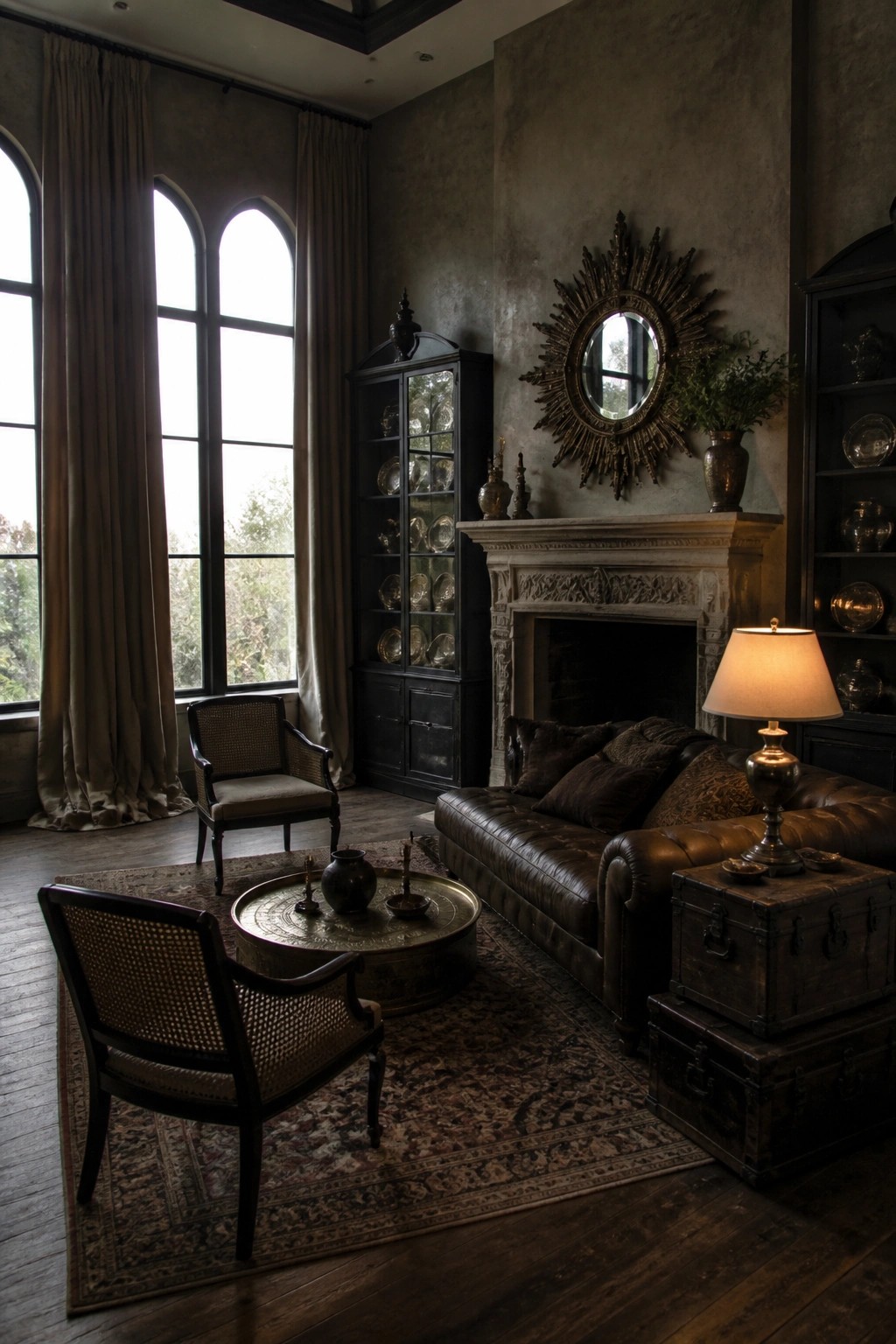 A dimly lit living room featuring a large ornate sunburst mirror above a carved stone fireplace, a brown leather sofa, dark wood furniture, and arched windows with heavy curtains.