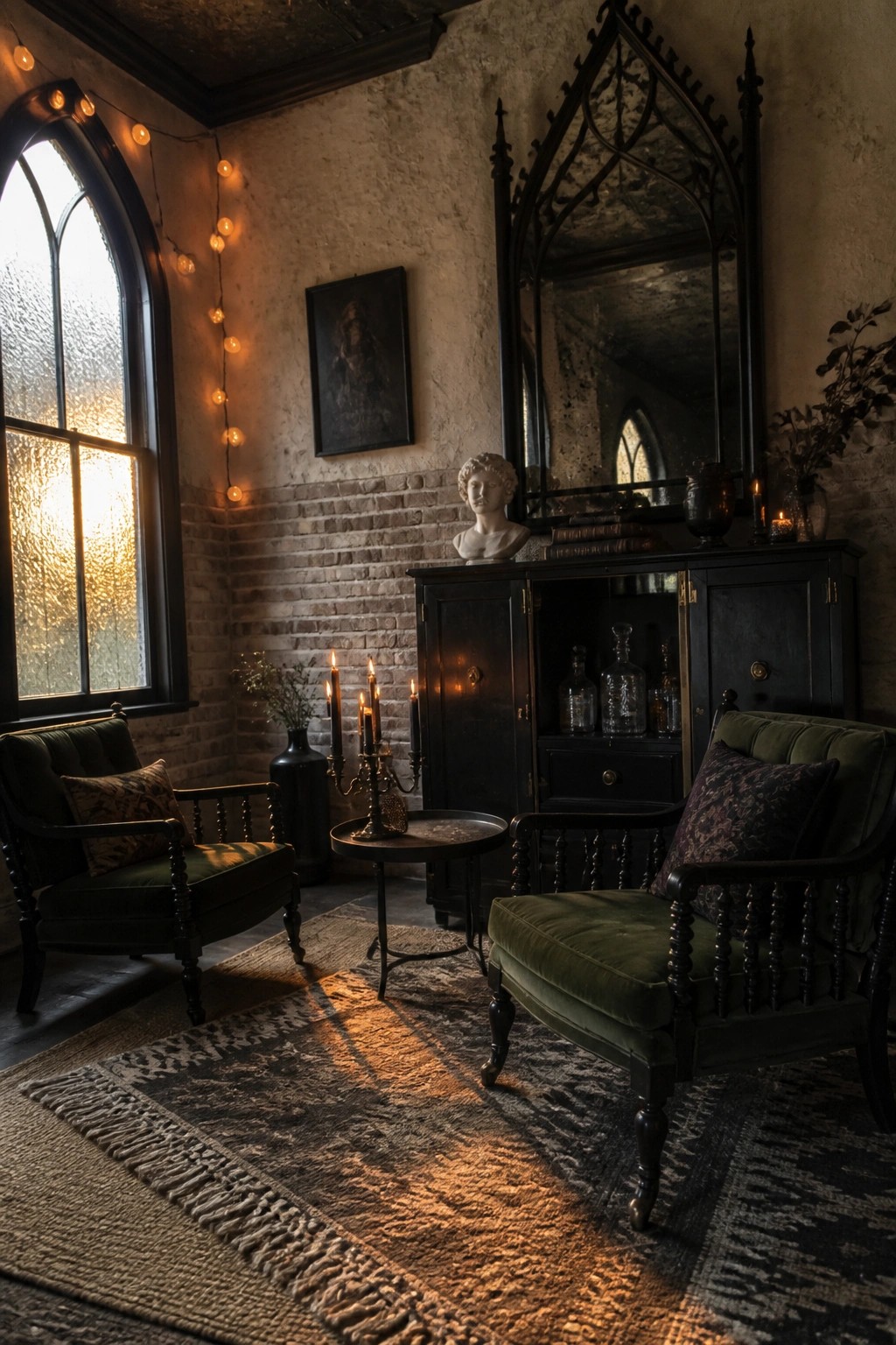 A dark gothic living room with two green velvet armchairs, a large ornate black mirror above a dark wood cabinet, and a brick wall with string lights near an arched window.