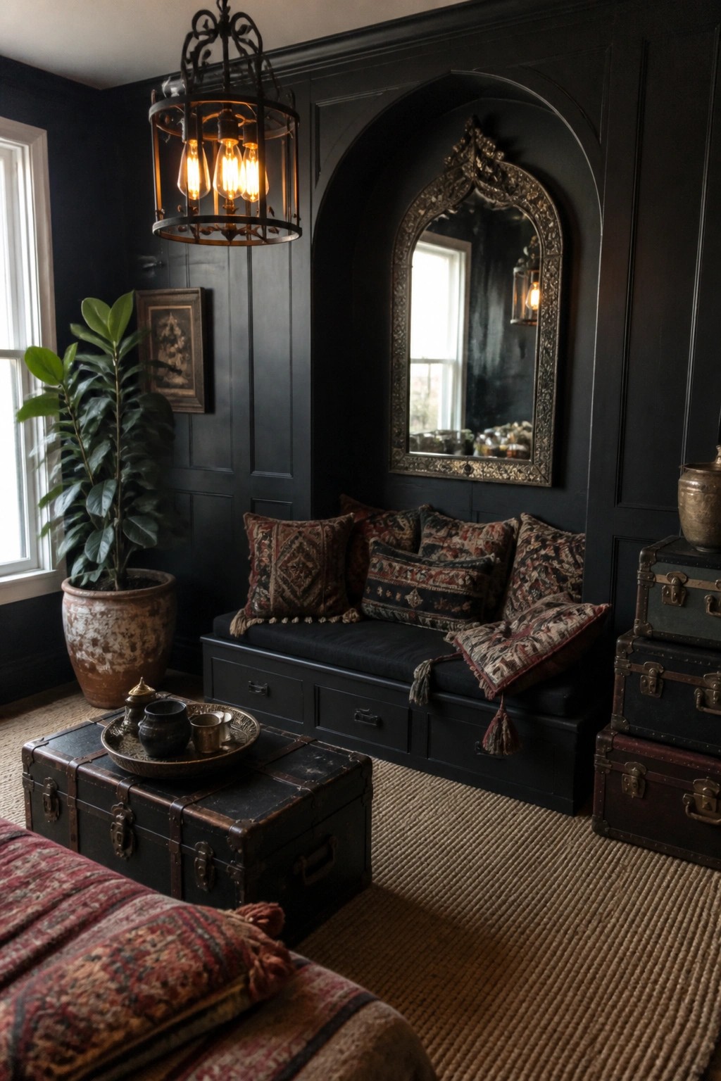 A dark living room with black walls, a built-in bench under an arched alcove holding an ornate mirror, and several vintage trunks used as side tables.