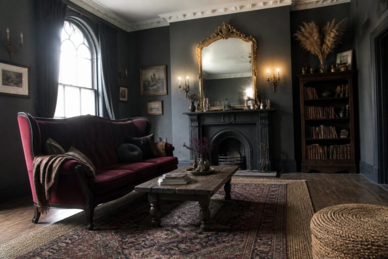 24 Edgy Gothic Dark Boho Living Room Ideas Featuring Ornate Mirrors A living room featuring a red velvet sofa, dark walls, a large ornate gold mirror above a black fireplace, and a rustic wooden coffee table on a patterned rug.