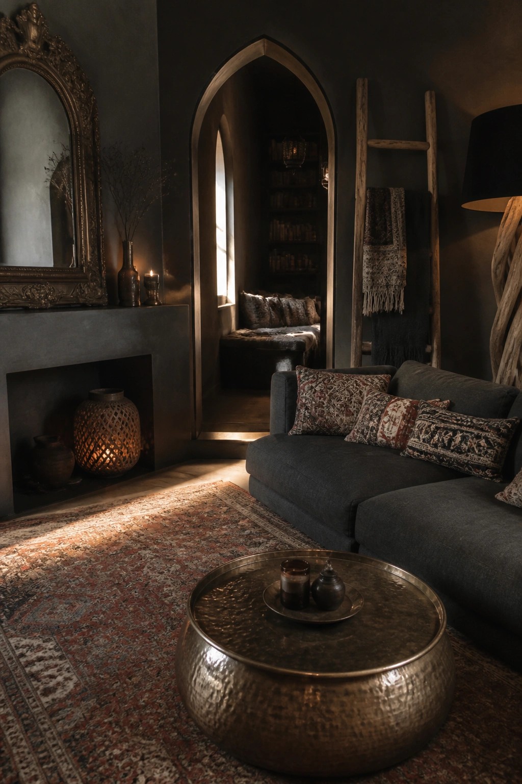 Dark gothic living room with arched book alcove, gray sofa, hammered table, and ornate mirror.