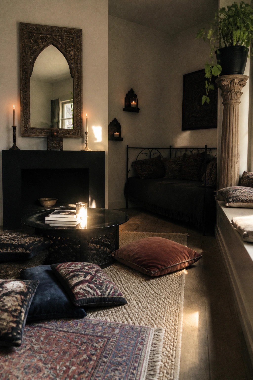A living room with a large ornate arched mirror above a black fireplace, a round coffee table with books and candles, floor pillows on a woven rug, and a daybed in the background.