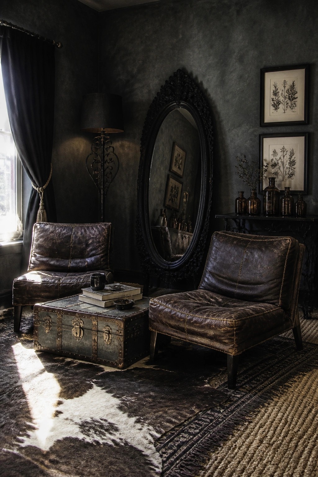 A dark living room corner with two brown leather armchairs, a metal trunk table, and a large ornate black mirror leaning against a textured charcoal wall.