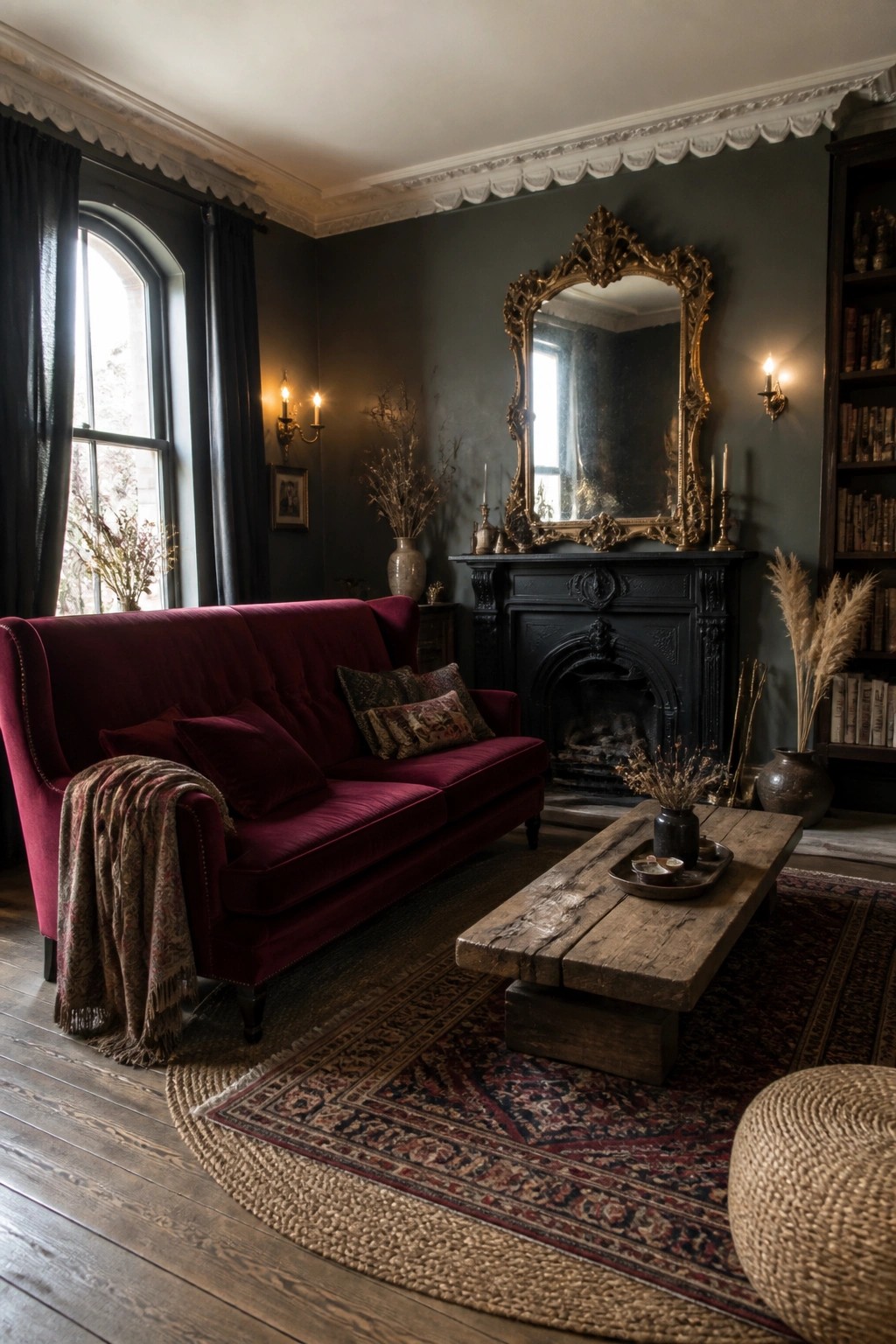 A living room featuring a red velvet sofa, dark walls, a large ornate gold mirror above a black fireplace, and a rustic wooden coffee table on a patterned rug.