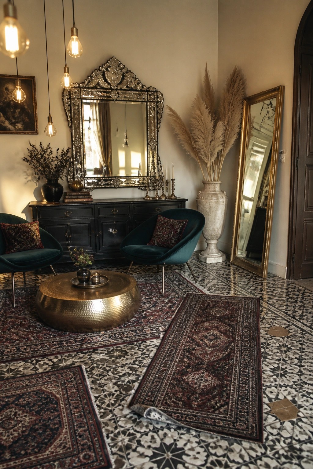 A living room featuring a large ornate mirror above a dark wooden console, two teal velvet armchairs, a round brass coffee table, and layered patterned rugs on a black and white tiled floor.