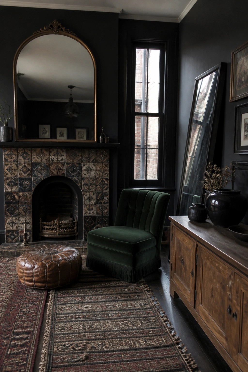 A dark painted living room featuring a large ornate gold arched mirror above a patterned tile fireplace, with a green velvet chair and wooden cabinet nearby.