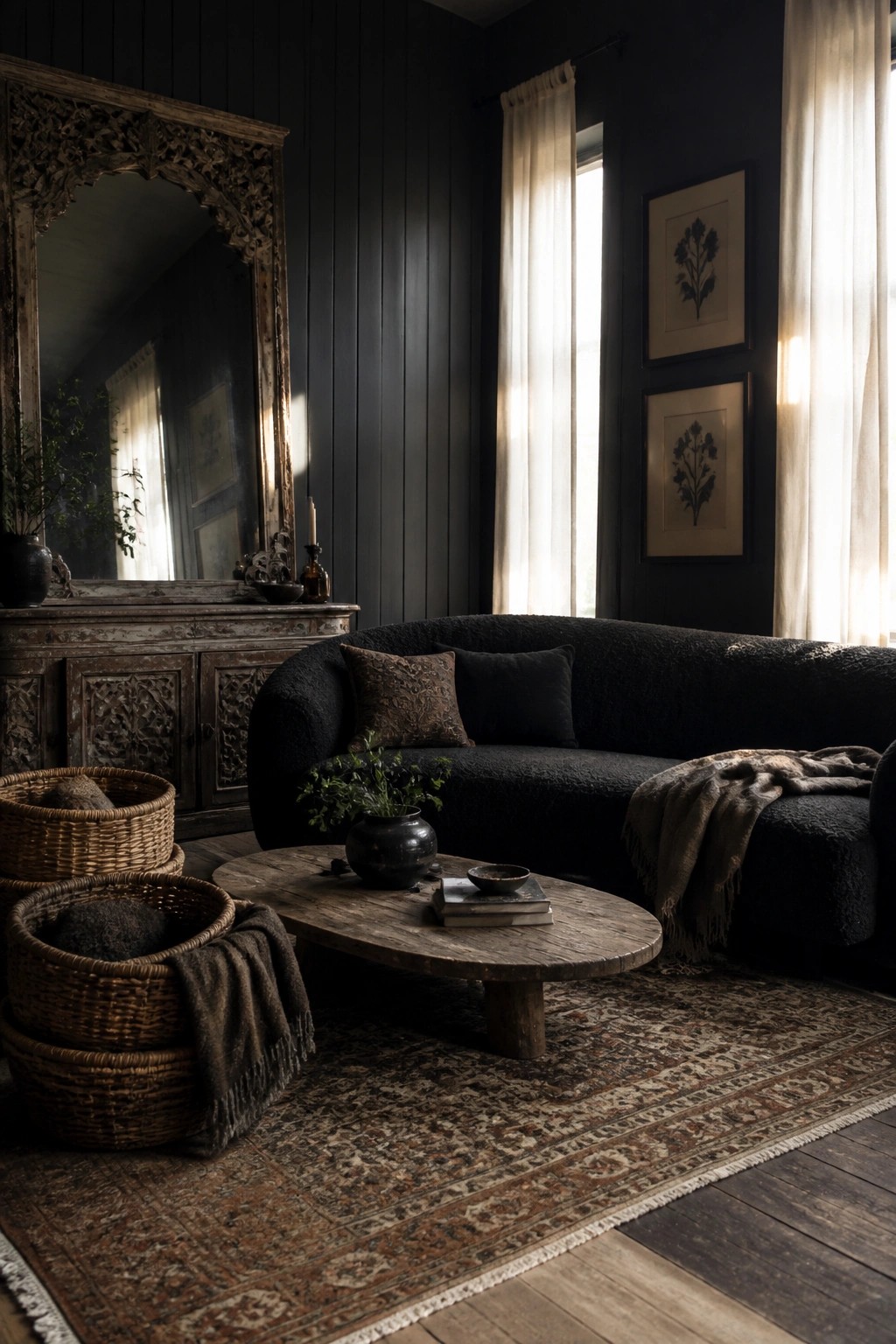 A dark living room with vertical panel walls, a large carved ornate mirror above a distressed wooden cabinet, a black curved sofa, a wooden coffee table on a patterned rug, and woven baskets in the foreground.