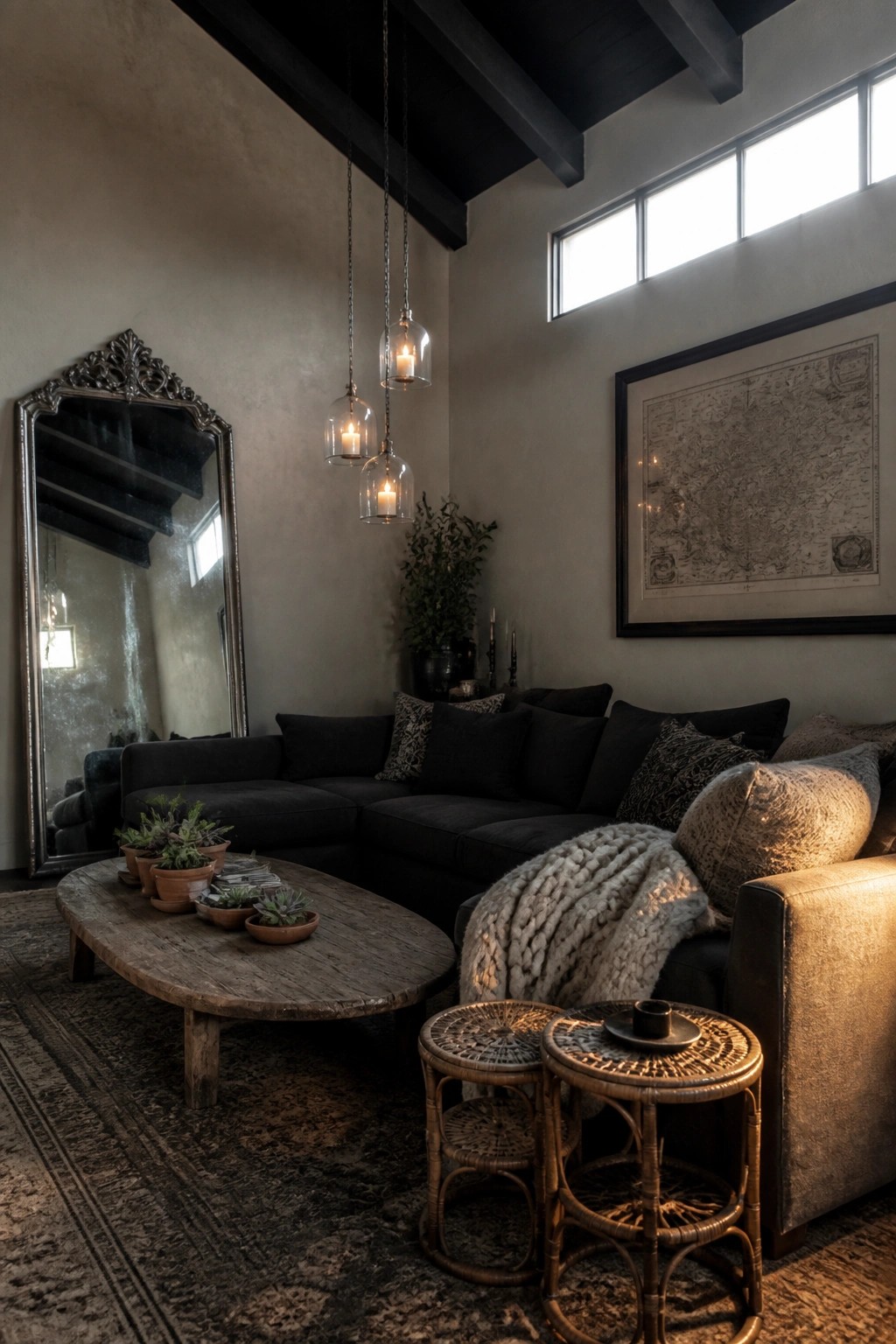 A dark boho living room with a large ornate mirror on the left wall, a dark sectional sofa, wooden coffee table, and pendant lights.