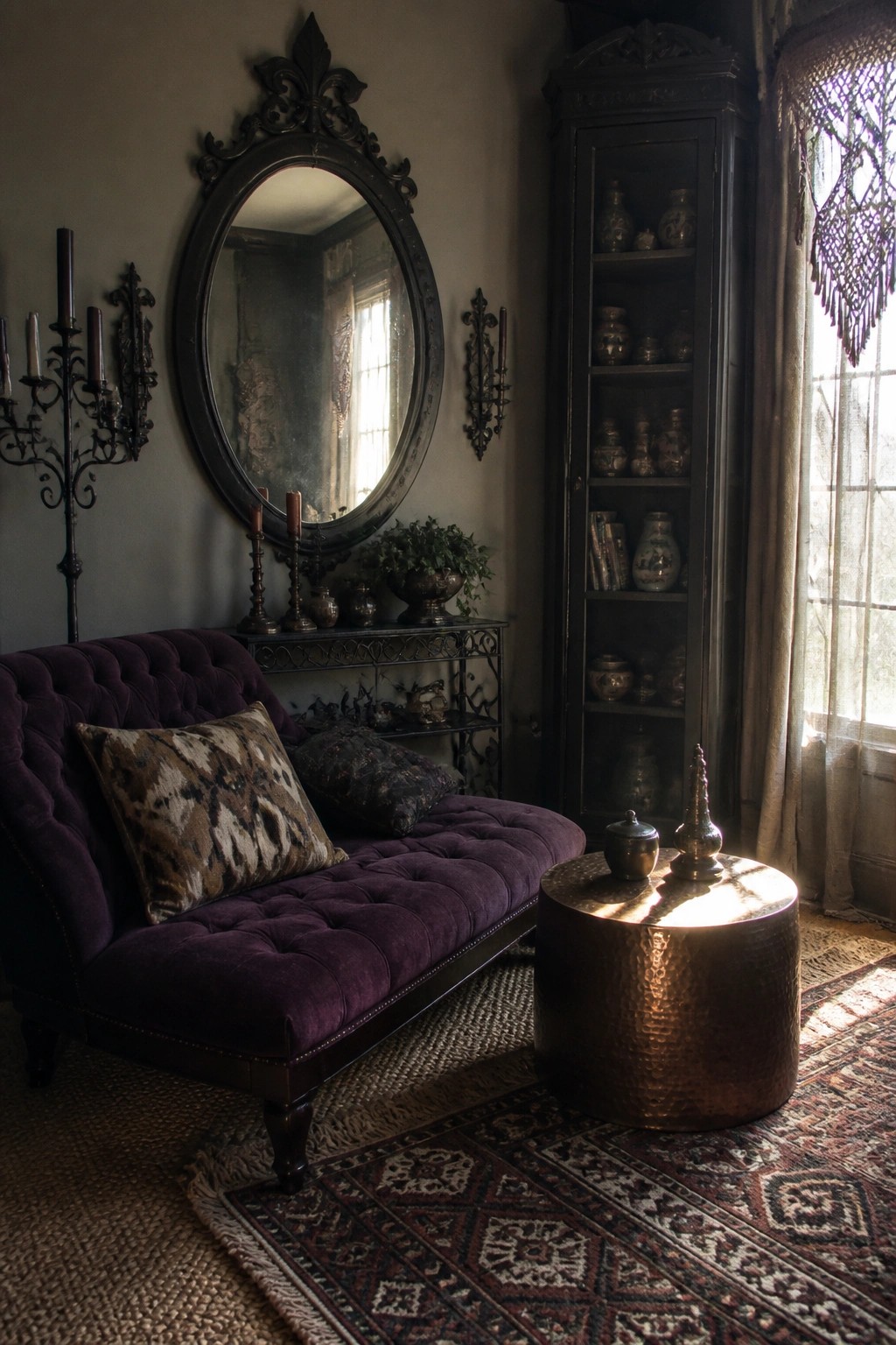 A purple tufted chaise with patterned pillows sits beneath a large ornate oval mirror, next to a tall dark cabinet and a round hammered copper table on a patterned rug.