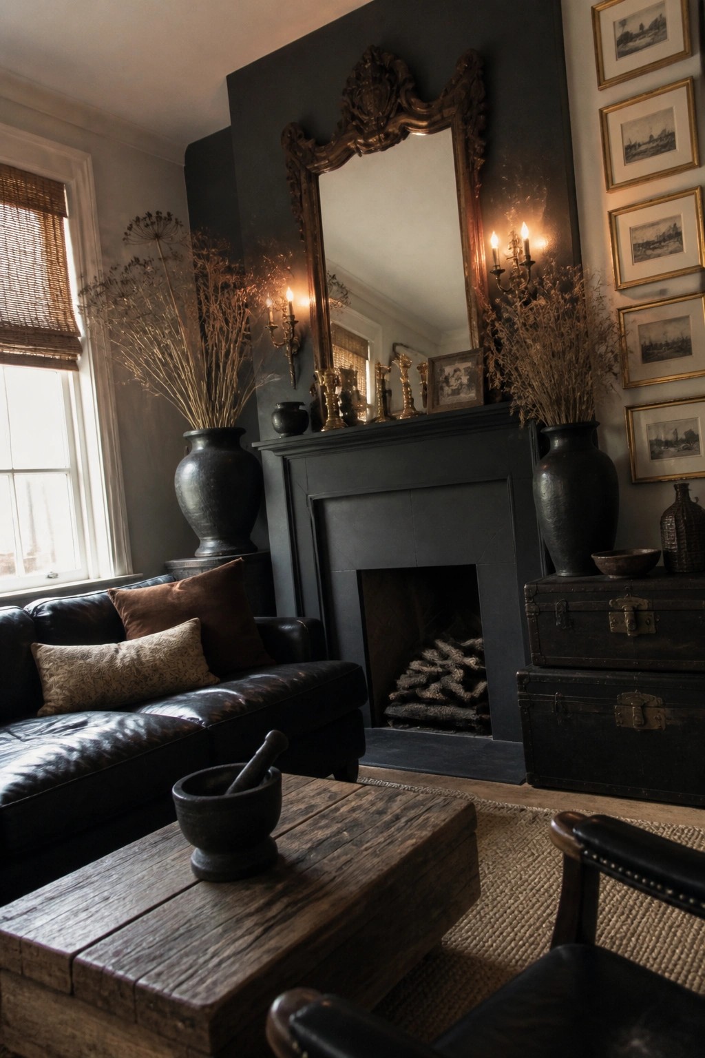 A dark living room features a large ornate mirror above a black fireplace mantel, with tall dark vases holding dried plants on either side and a leather sofa in the foreground.