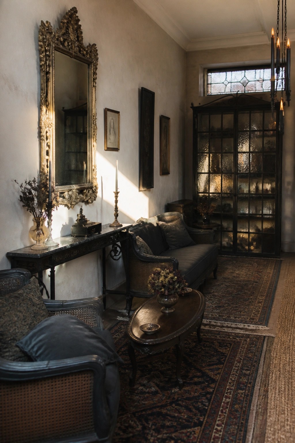 Moody vintage parlor with ornate gold mirror, dark sofa, cane chairs, and chandelier