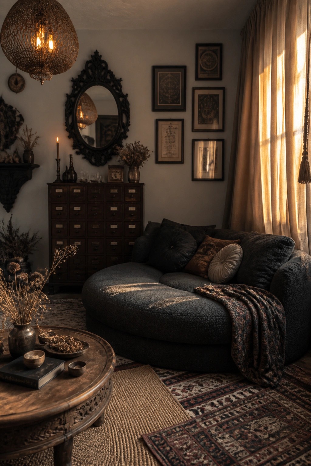 A dark living room features a large ornate black mirror above a wooden multi-drawer cabinet, a curved dark sofa with pillows, a woven pendant light, and patterned rugs on the floor.