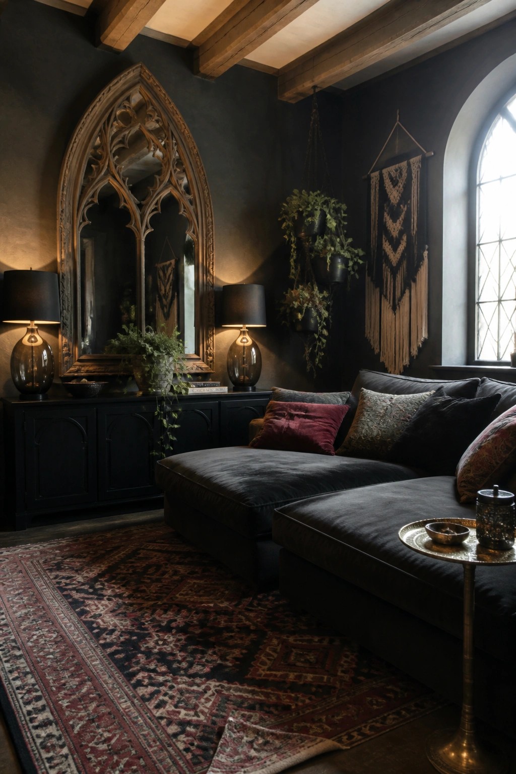 A dark living room featuring a large ornate arched mirror on a charcoal wall above a black cabinet, with a dark sectional sofa, hanging plants, and a red patterned rug.