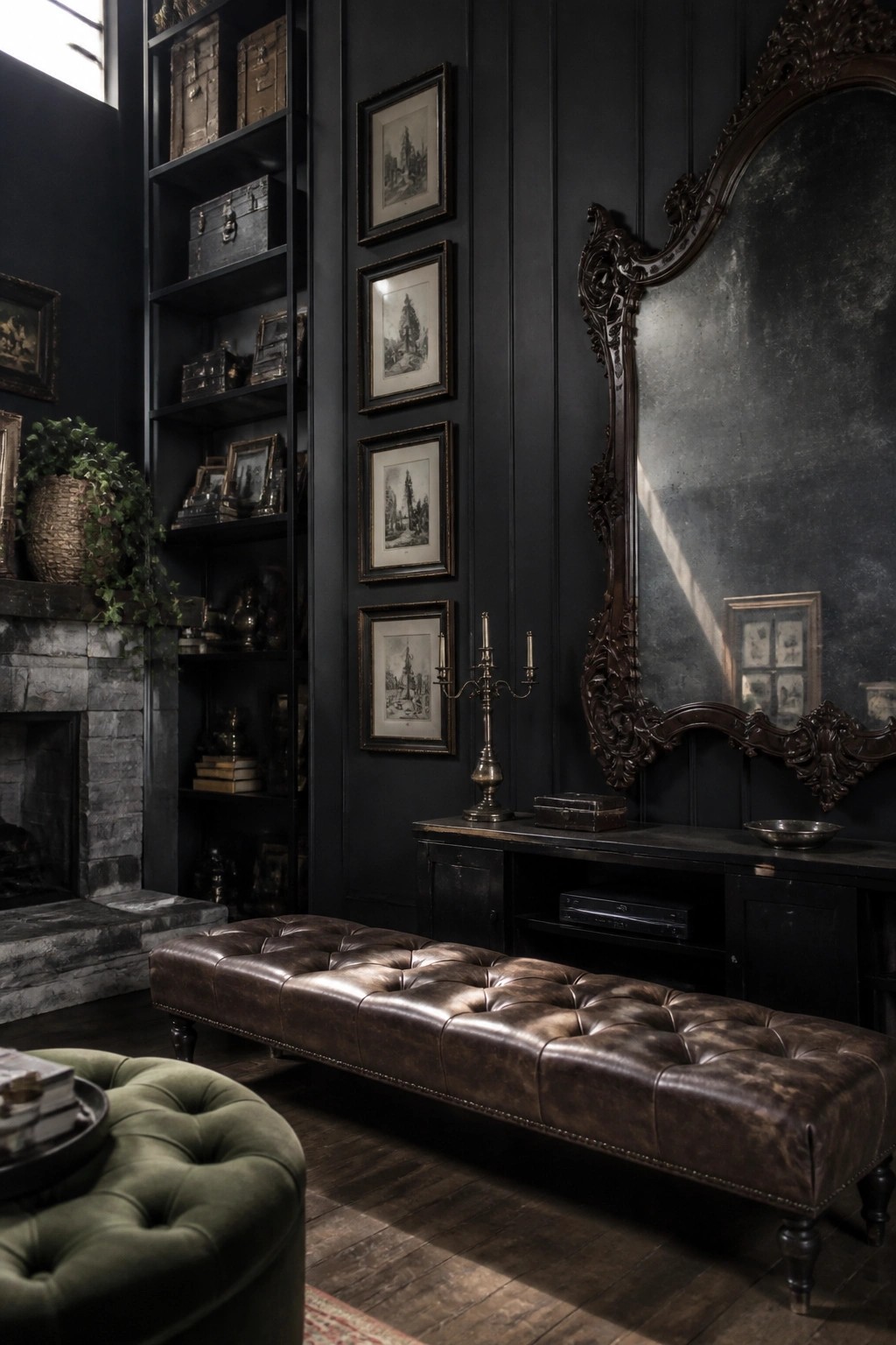 A dark living room featuring black walls, a large ornate mirror above a console table, a brown tufted leather bench, and built-in shelving.