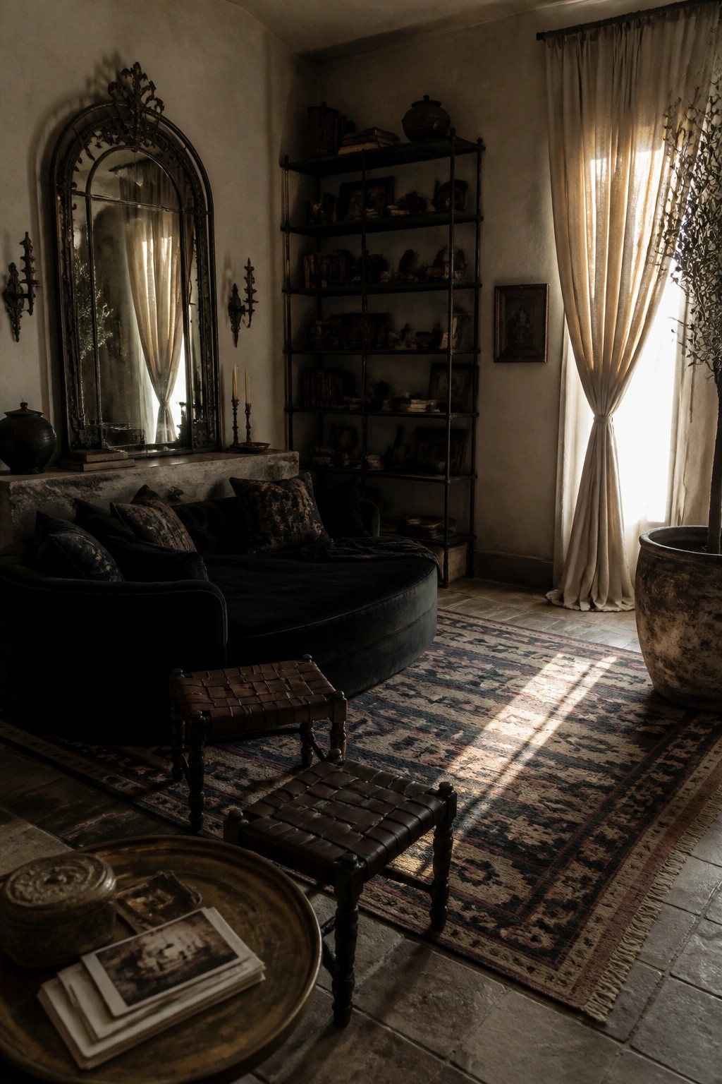 Dimly lit room with black velvet sofa, ornate mirror, leather stools, and sunlit rug.