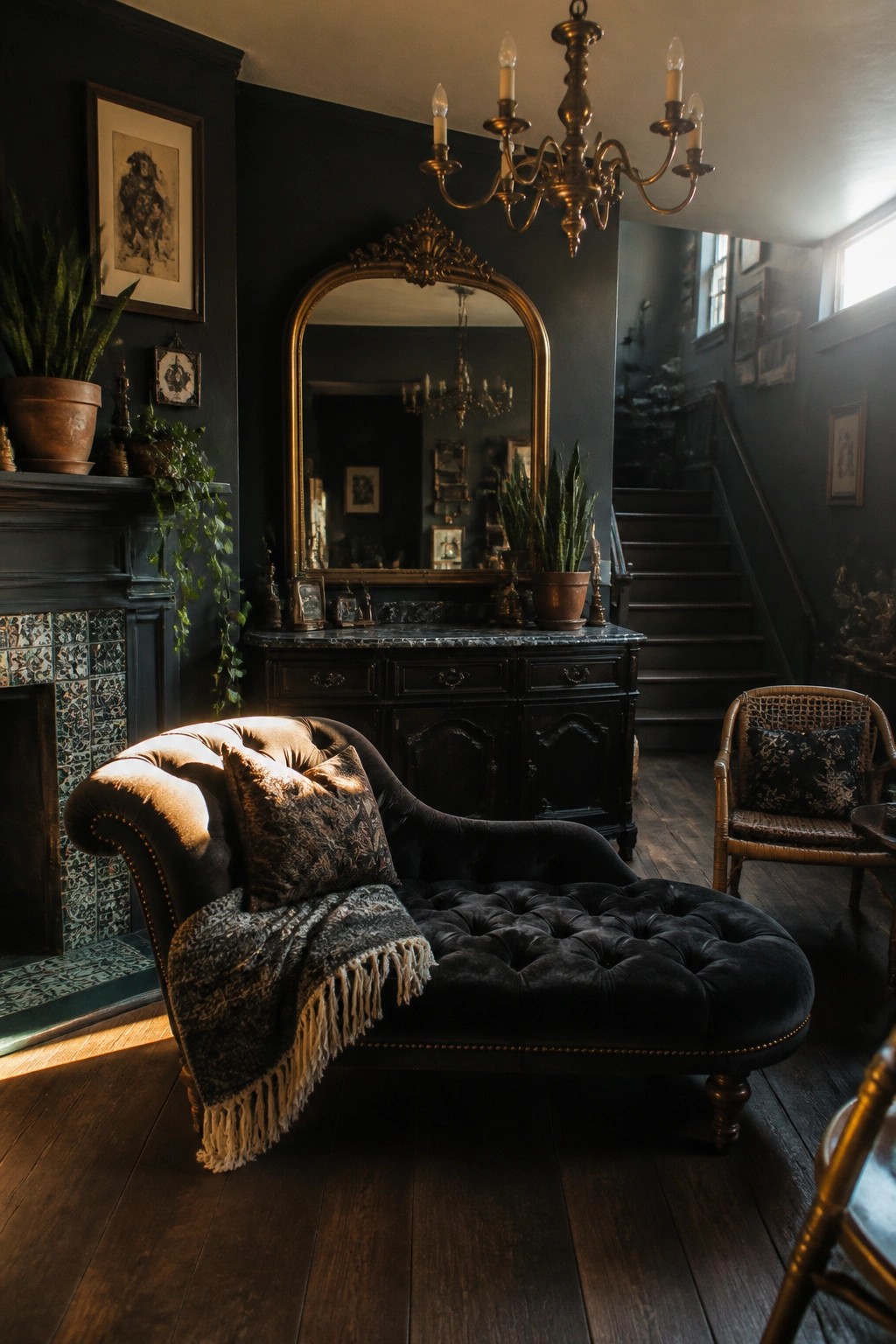 A large ornate gold-framed mirror hangs above a dark wooden console in a moody living room with a tufted black chaise lounge in the foreground.