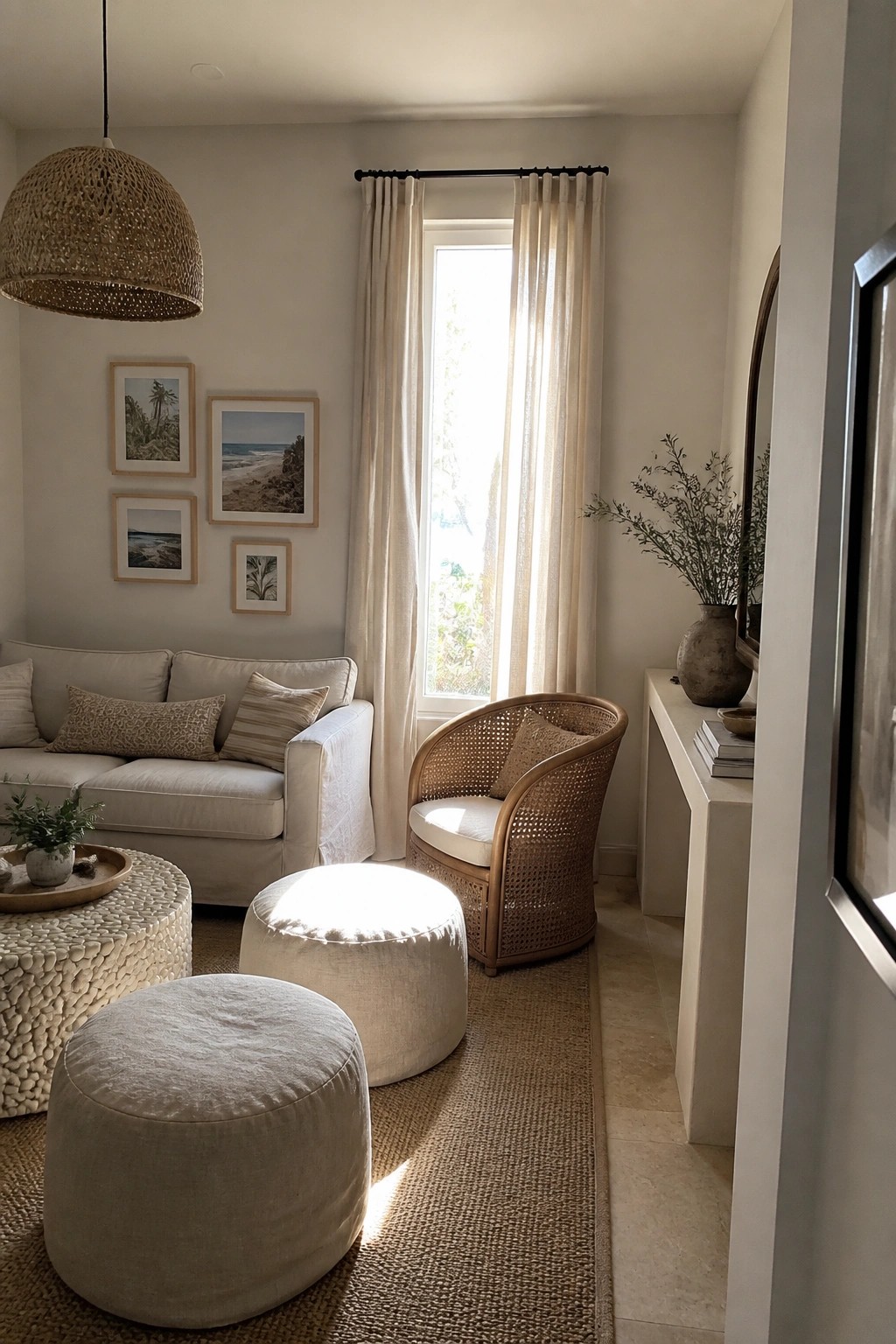 Cozy neutral living room with sofa, rattan chair, round ottomans, and woven pendant light.