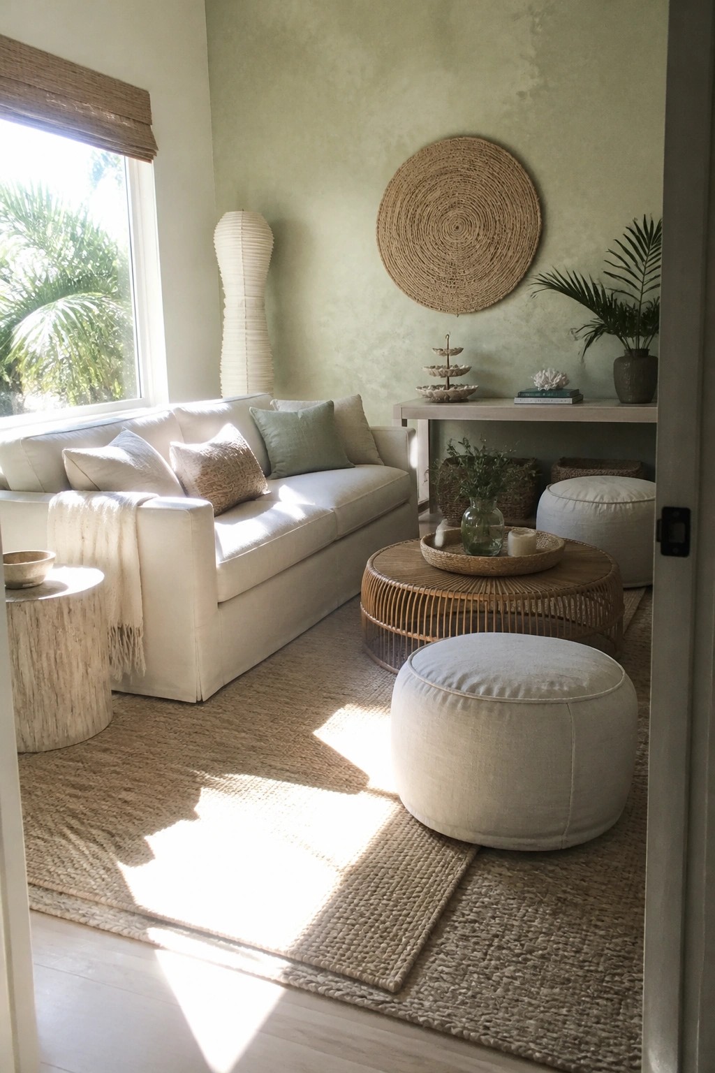 A bright living room with a white linen slipcovered sofa, layered jute rugs, a rattan coffee table, and woven wall decor against a soft green wall.