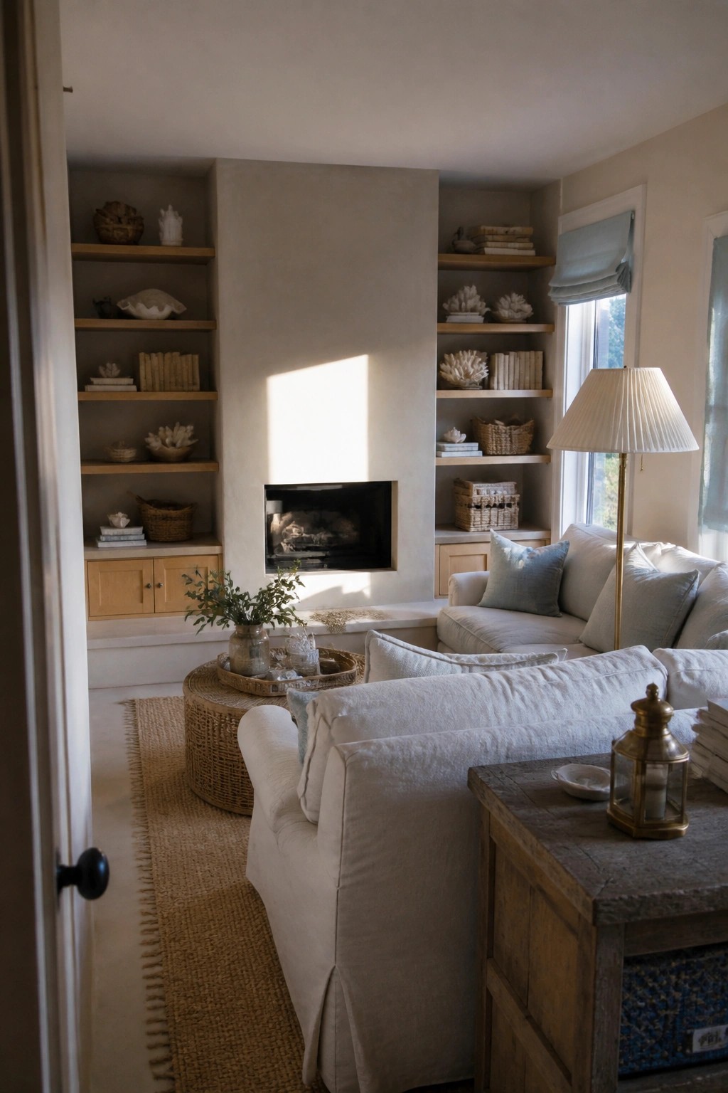 Living room with white linen slipcovered sofas arranged around a fireplace flanked by light wood built-in shelves holding books, baskets, and coral.