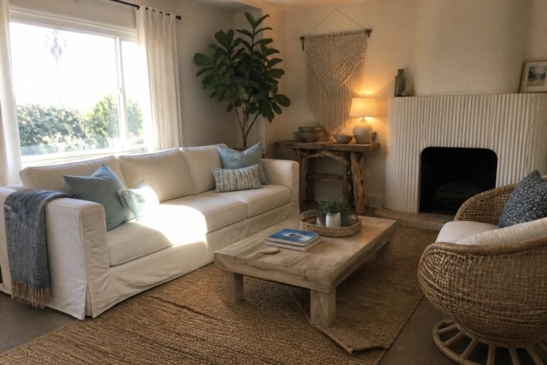 A bright living room with a white linen slipcovered sofa, wooden coffee table on a jute rug, and a wicker chair near a white fireplace.