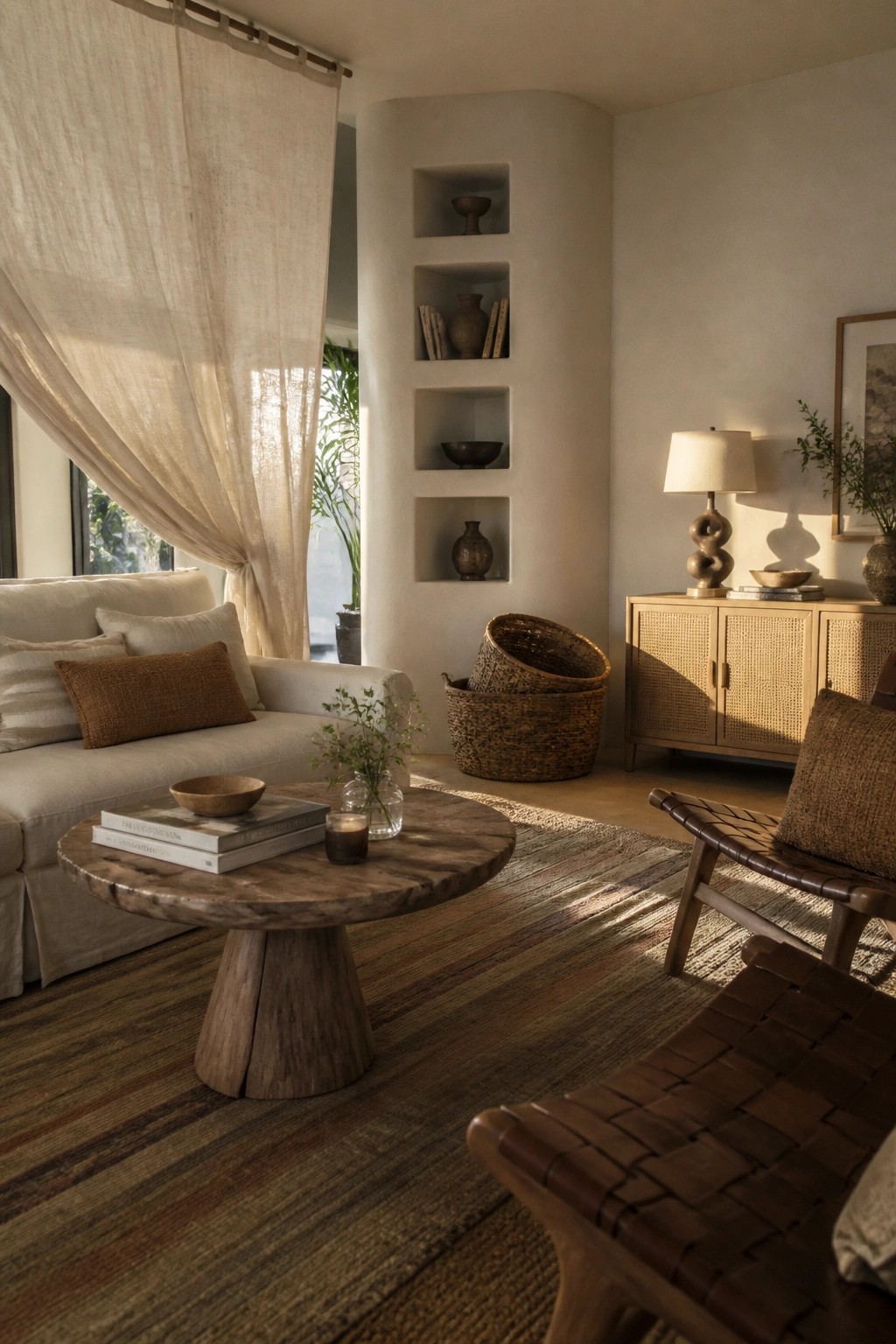 A living room with a light linen sofa, round wood coffee table, woven baskets, built-in wall shelves, and a wood and cane cabinet.